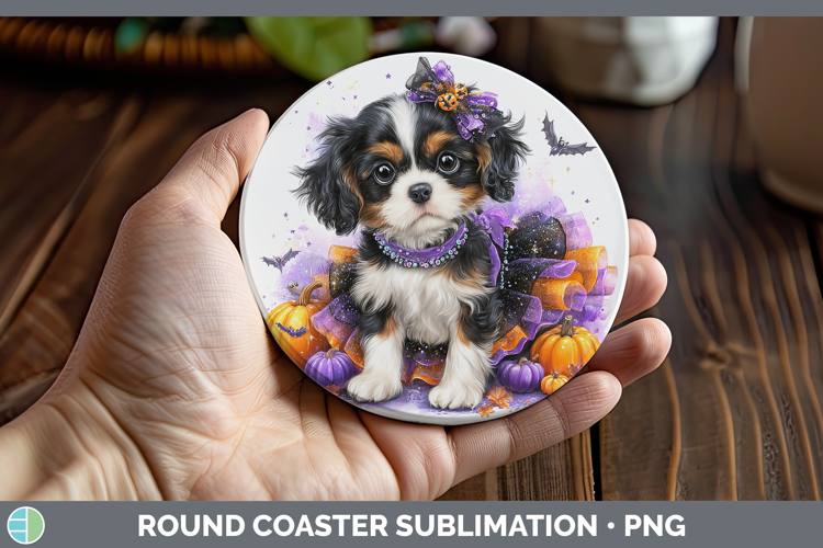 Dogs 02 Halloween Cavalier King Charles Spaniel Round Coaste