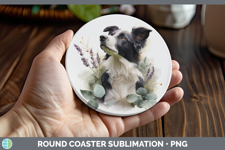 Border Collie Dogs 02 Lavender and Eucalyptus Round Coaster