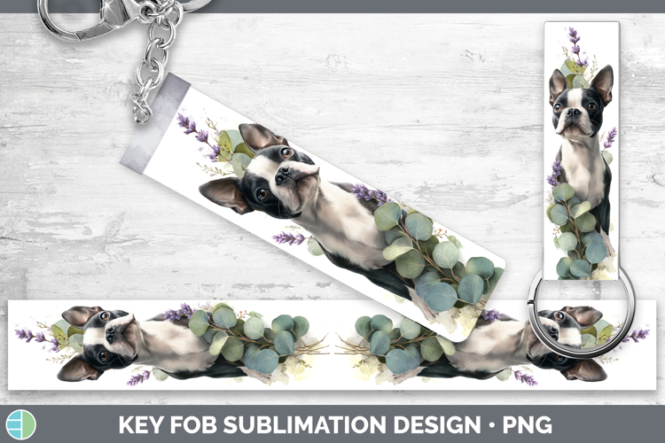 Boston Terrier Dogs 02 Lavender and Eucalyptus Key Fob Subli