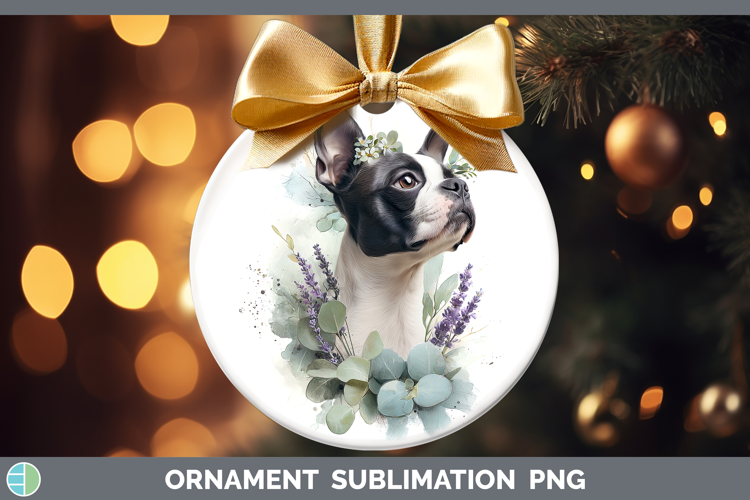 Boston Terrier Dogs 02 Lavender and Eucalyptus Ornament Subl