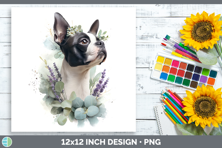 Boston Terrier Dogs 02 Lavender and Eucalyptus Paper Backgro