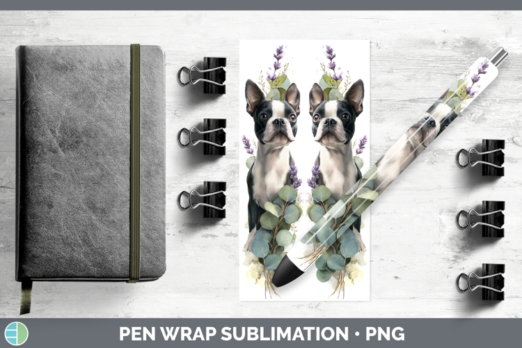 Boston Terrier Dogs 02 Lavender and Eucalyptus Pen Wrap Subl