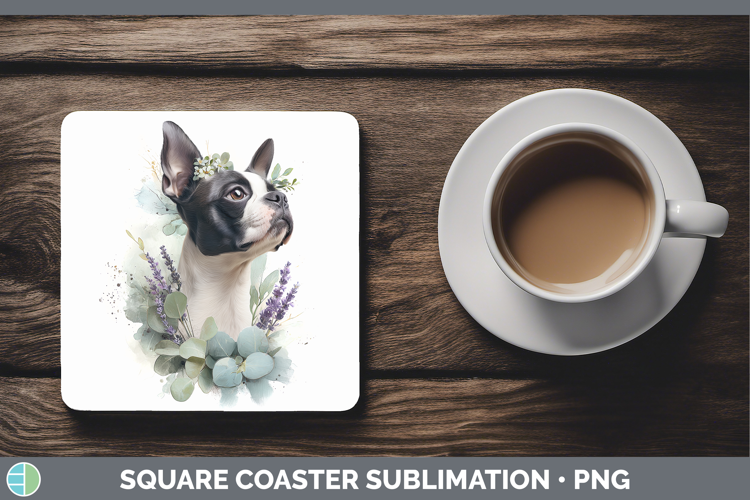 Boston Terrier Dogs 02 Lavender and Eucalyptus Square Coaste