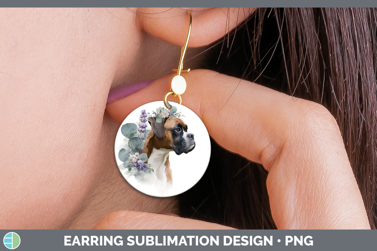 Boxer Dogs 02 Lavender and Eucalyptus Round Earrings Sublima