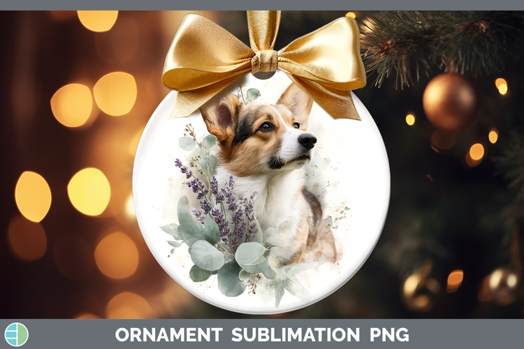 Pembrook Corgi Dogs 02 Lavender and Eucalyptus Ornament Subl