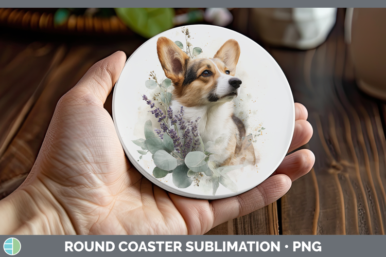 Pembrook Corgi Dogs 02 Lavender and Eucalyptus Round Coaster
