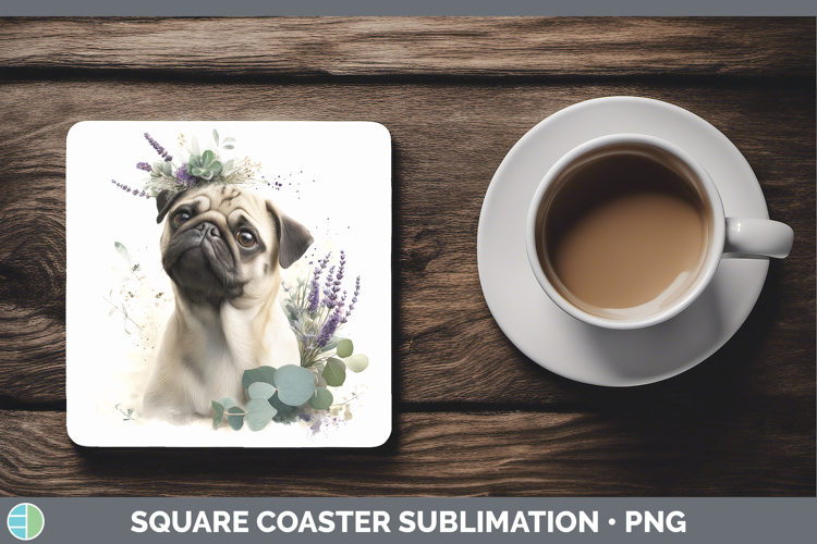Pug Dogs 02 Lavender and Eucalyptus Square Coaster Sublimati