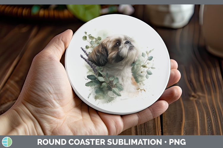 Shih Tzu Dogs 02 Lavender and Eucalyptus Round Coaster Subli
