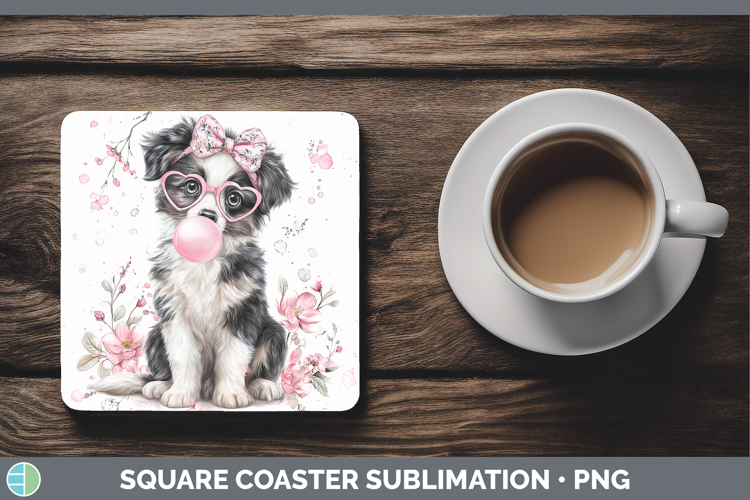 Border Collie Dogs 02 Pink Bubble Gum Square Coaster Sublima