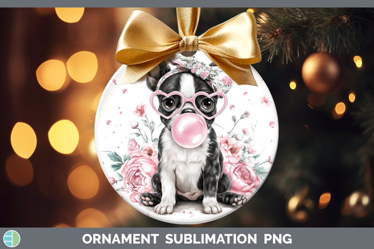Boston Terrier Dogs 02 Pink Bubble Gum Ornament Sublimation
