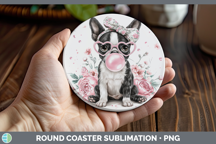 Boston Terrier Dogs 02 Pink Bubble Gum Round Coaster Sublima