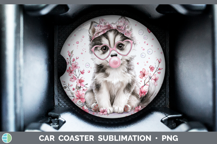 Husky Dogs 02 Pink Bubble Gum Car Coaster Sublimation Design