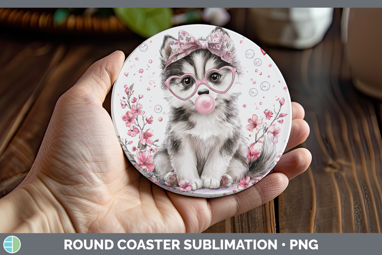 Husky Dogs 02 Pink Bubble Gum Round Coaster Sublimation Desi