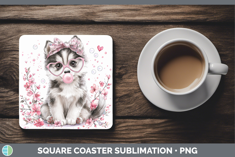 Husky Dogs 02 Pink Bubble Gum Square Coaster Sublimation Des