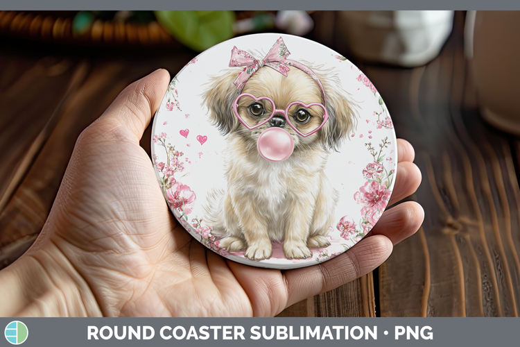 Pekingese Dogs 02 Pink Bubble Gum Round Coaster Sublimation