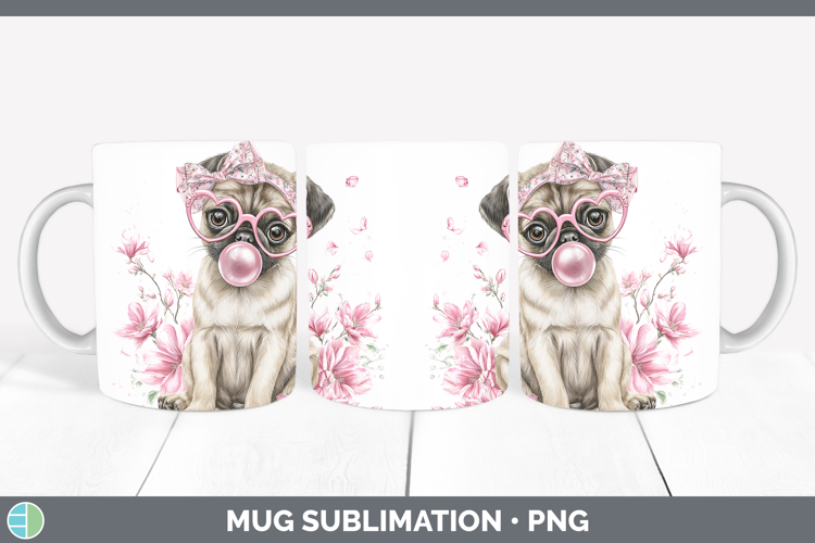Pug Dogs 02 Pink Bubble Gum Mug Wrap Sublimation Design