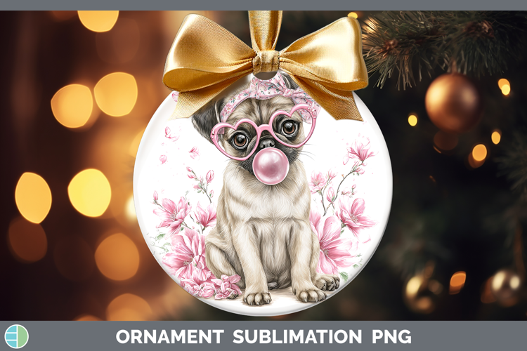 Pug Dogs 02 Pink Bubble Gum Ornament Sublimation Design