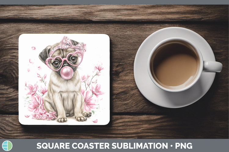 Pug Dogs 02 Pink Bubble Gum Square Coaster Sublimation Desig
