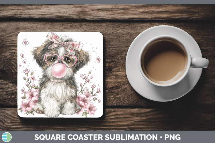 Shih Tzu Dogs 02 Pink Bubble Gum Square Coaster Sublimation