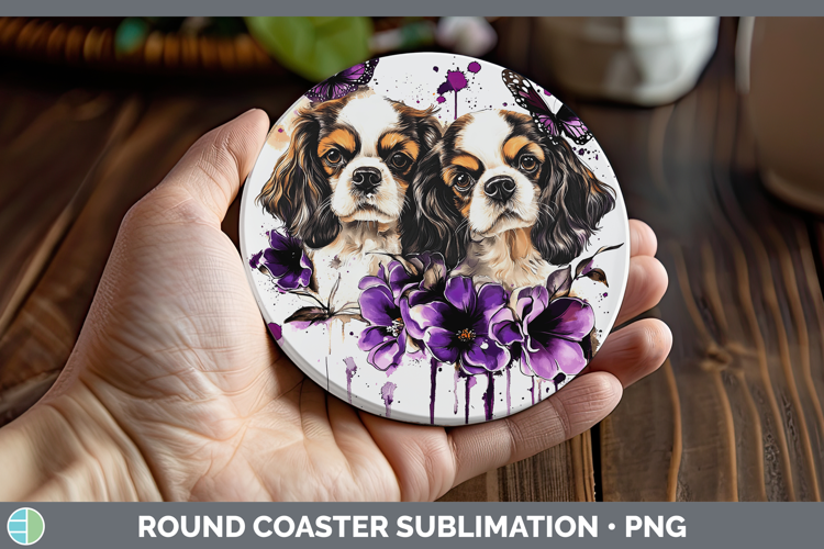 Dogs 02 Purple Drips Cavalier King Charles Spaniel Round Coa