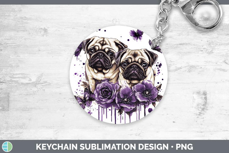 Dogs 02 Purple Drips Pug Keychain Sublimation Keyring Design
