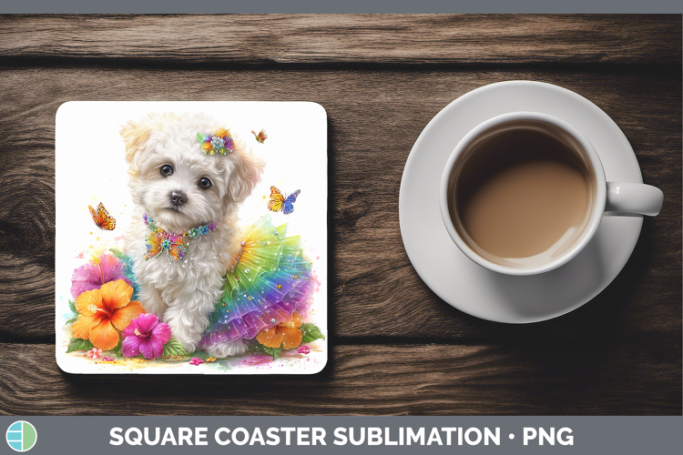 Dogs 02 Rainbow Summer Bichon Frise Square Coaster Sublimati