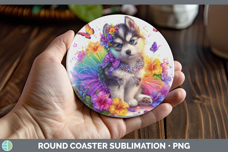 Dogs 02 Rainbow Summer Husky Round Coaster Sublimation Coast