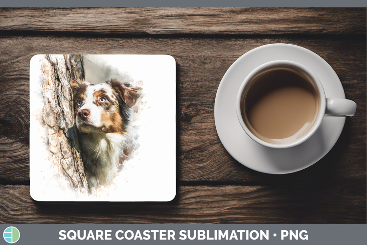 Australian Shepherd Dogs 02 Tree Peek Square Coaster Sublima