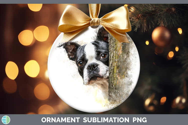 Boston Terrier Dogs 02 Tree Peek Ornament Sublimation Design