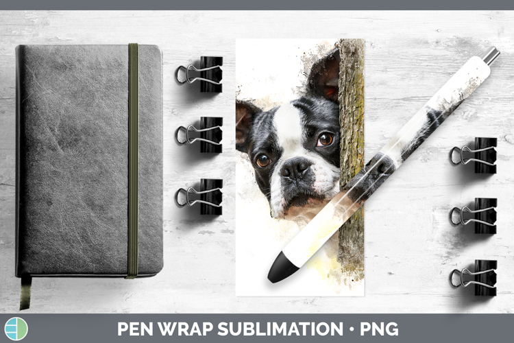 Boston Terrier Dogs 02 Tree Peek Pen Wrap Sublimation Design