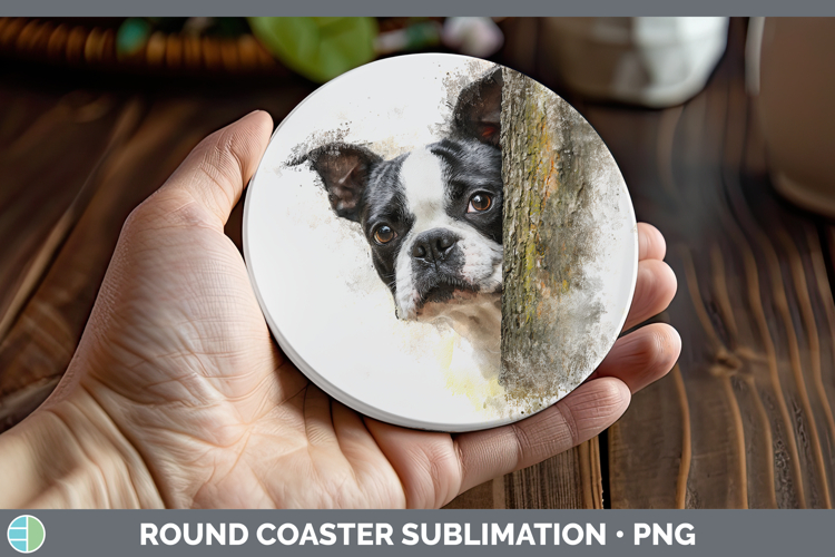 Boston Terrier Dogs 02 Tree Peek Round Coaster Sublimation D