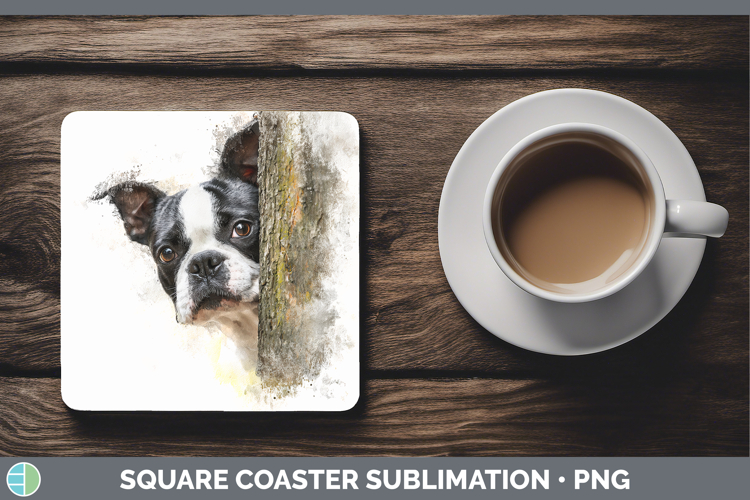 Boston Terrier Dogs 02 Tree Peek Square Coaster Sublimation