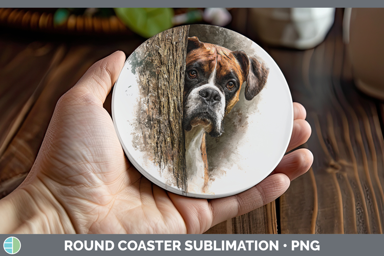 Boxer Dogs 02 Tree Peek Round Coaster Sublimation Design