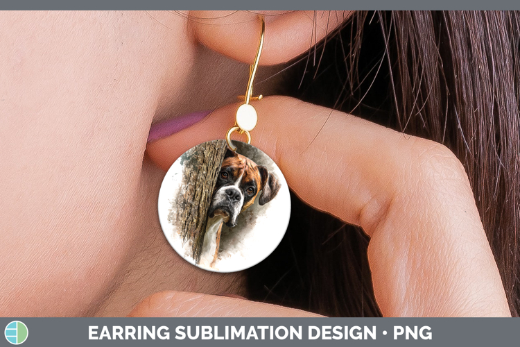 Boxer Dogs 02 Tree Peek Round Earrings Sublimation Design
