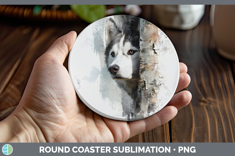 Husky Dogs 02 Tree Peek Round Coaster Sublimation Design