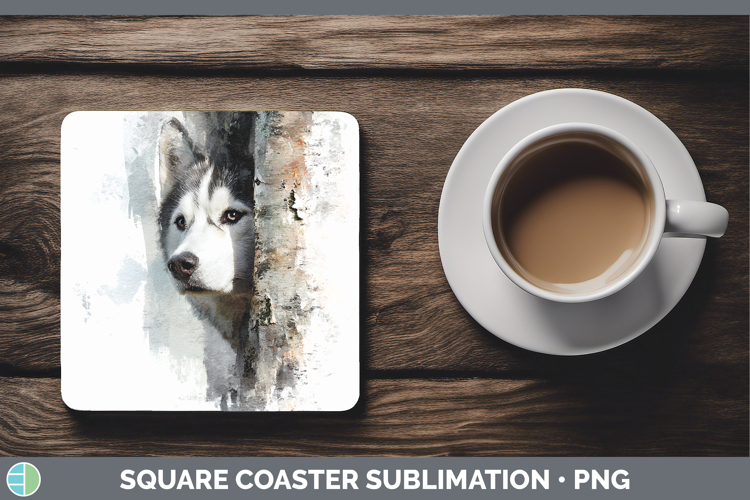 Husky Dogs 02 Tree Peek Square Coaster Sublimation Design