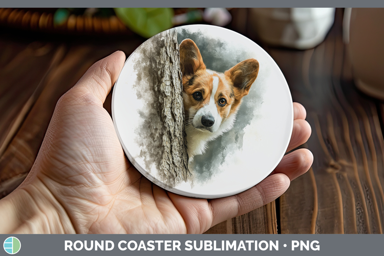 Pembrook Corgi Dogs 02 Tree Peek Round Coaster Sublimation D