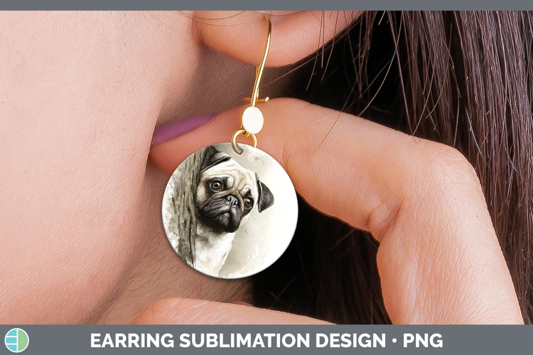 Pug Dogs 02 Tree Peek Round Earrings Sublimation Design