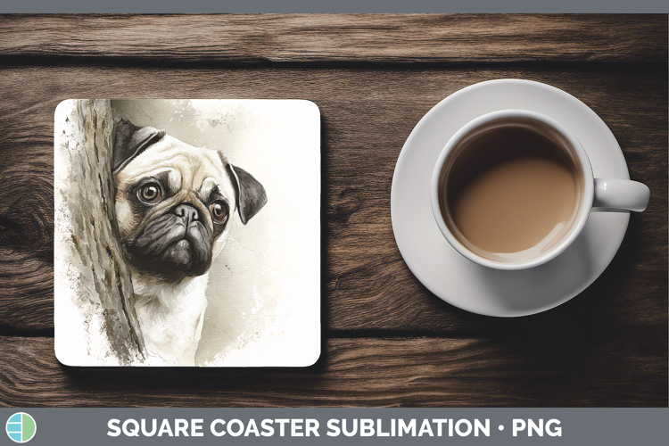 Pug Dogs 02 Tree Peek Square Coaster Sublimation Design