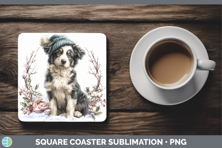 Border Collie Dogs 02 Winter Knit Hat Square Coaster Sublima