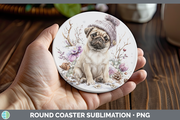 Pug Dogs 02 Winter Knit Hat Round Coaster Sublimation Design