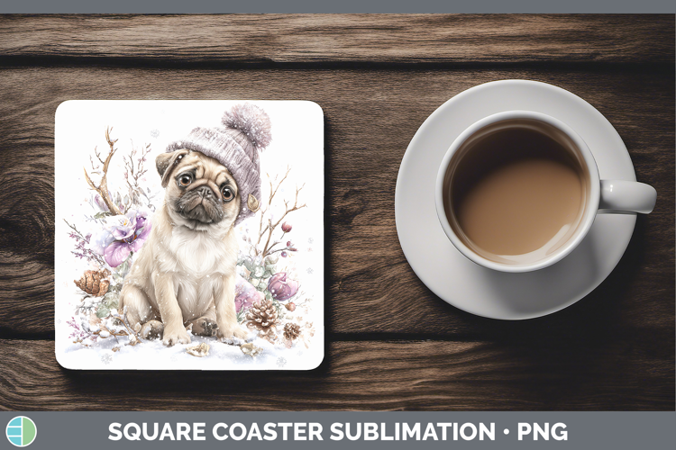 Pug Dogs 02 Winter Knit Hat Square Coaster Sublimation Desig