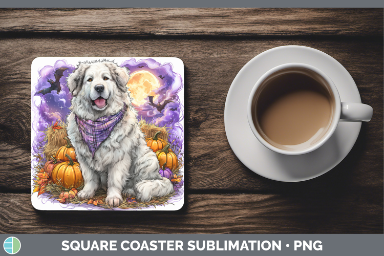 Great Pyrenees Square Coaster Dogs 03 Bandana Halloween Subl
