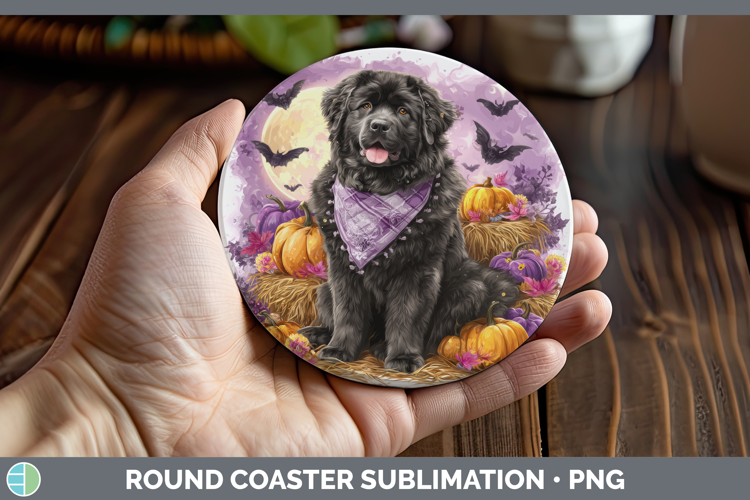 Newfoundland Round Coaster Dogs 03 Bandana Halloween Sublima