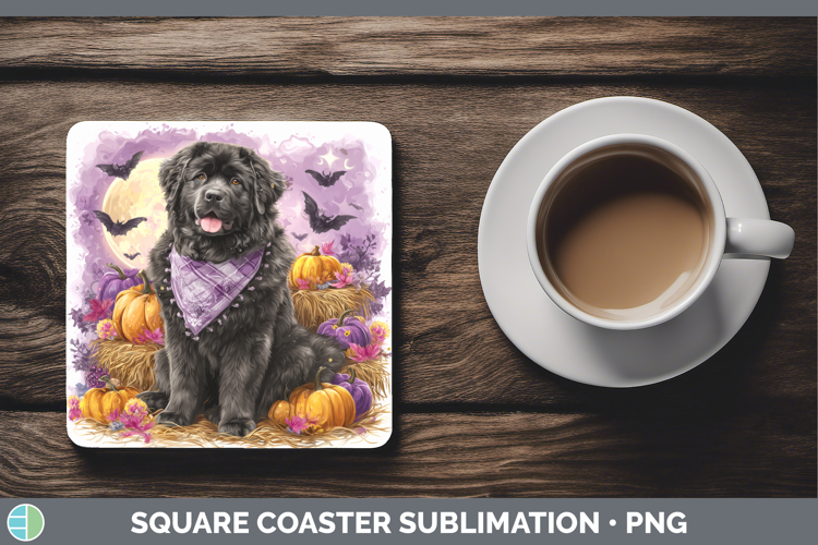 Newfoundland Square Coaster Dogs 03 Bandana Halloween Sublim