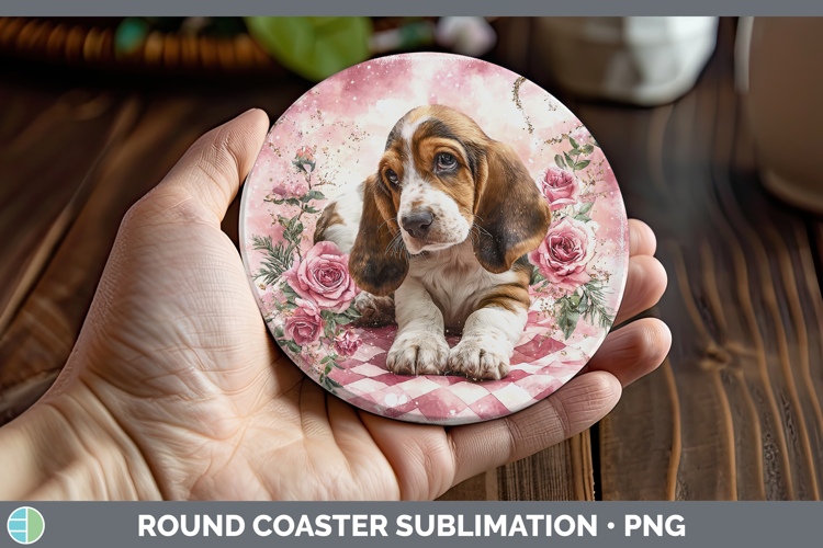 Basset Hound Dogs 03 Checker Valentine Round Coaster Sublima