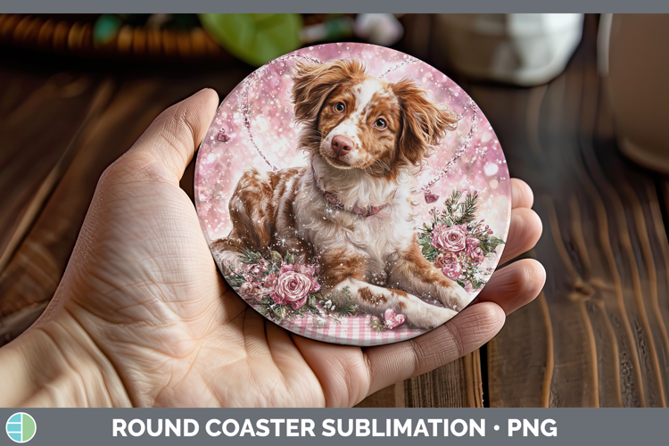 Brittany Dog Dogs 03 Checker Valentine Round Coaster Sublima