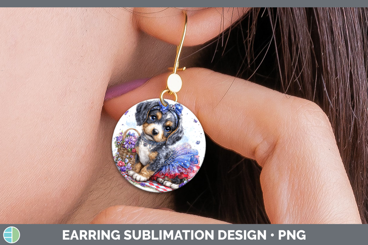 Dogs 03 Patriotic Bluetick Coonhound Round Earrings Sublimat