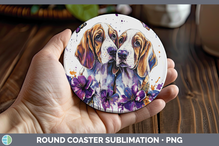 Dogs 03 Purple Drips Basset Hound Round Coaster Sublimation