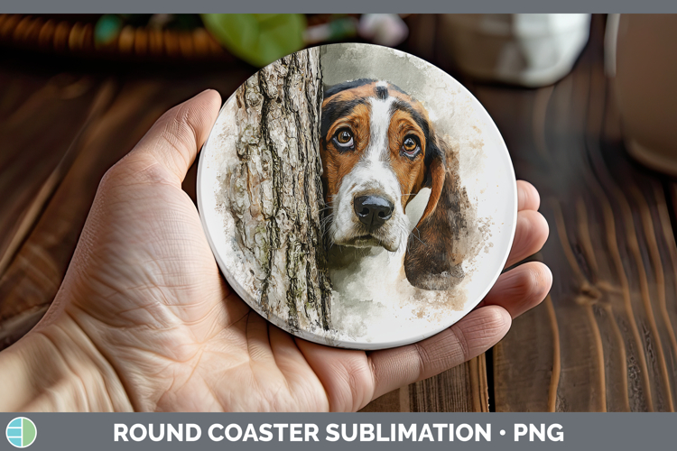 Basset Hound Dogs 03 Tree Peek Round Coaster Sublimation Des